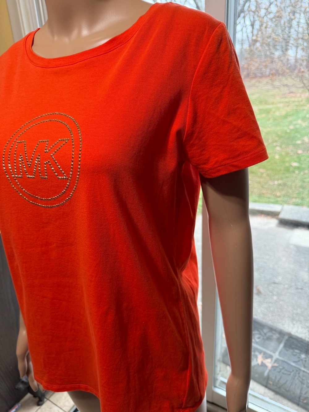 Michael Kors Bright Orange Studded MK Logo Tee, Large - Picture 3 of 7